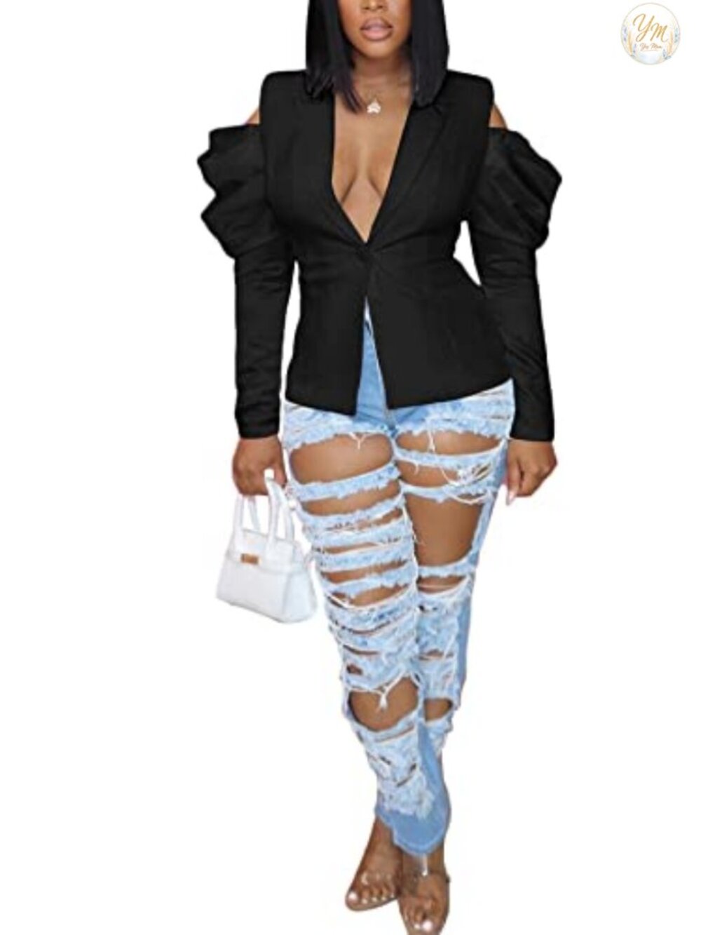 Women's Casual Blazer Open Front Puff Sleeve Suit Jacket